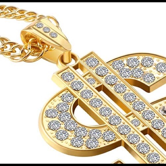 Zara $ Money Gold + Clear Crystals Link Chain Necklace Hip Hop - Picture 15 of 16